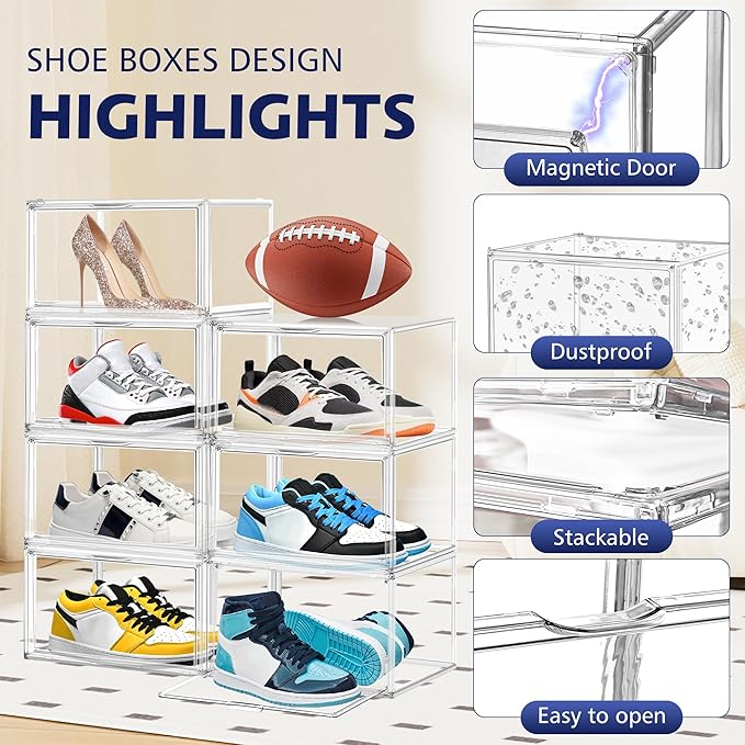 2 Pack Acrylic Clear Shoe Storage Boxes Size 12, Transparent Display Case for Sneaker Collections, Baseball Caps, Hat Organizer Dust-free Shoe Cubbies Stackable Sneaker Boxes