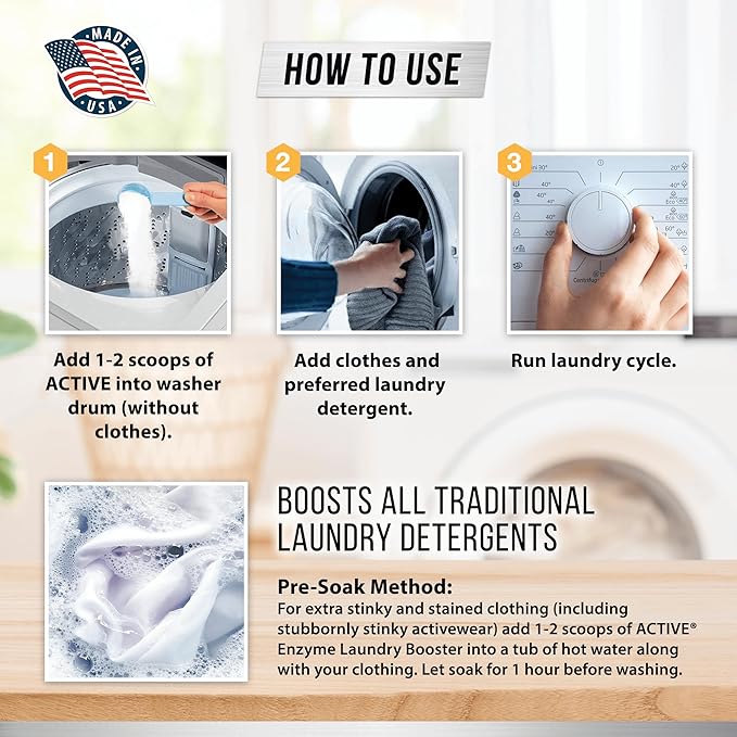 ACTIVE Enzyme Laundry Booster and Active Wear Laundry Detergent - Includes 2LB Detergent Boosting Powder and 3LB Gym Laundry Detergent Powder