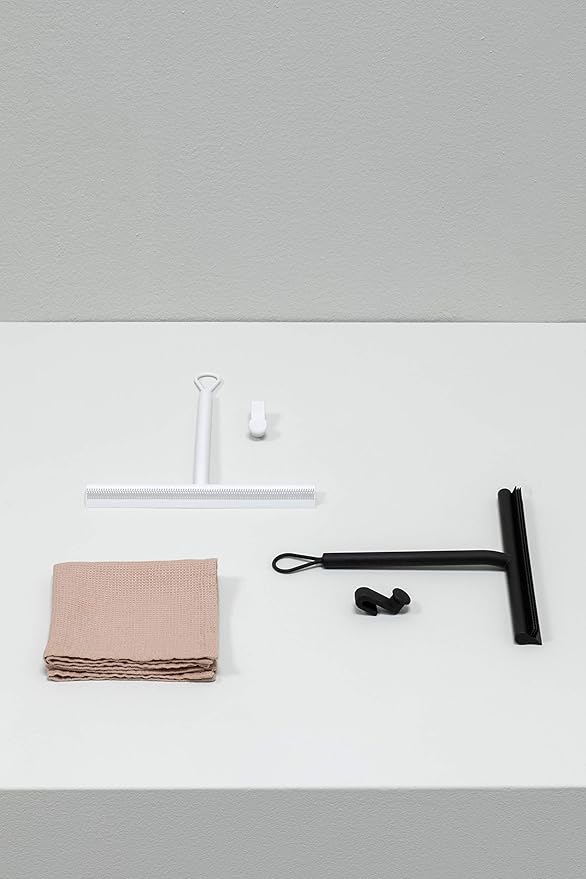 Brabantia Silicone Shower Squeegee with Hook (Dark Gray) Anti Streak Cleaning Wiper for Bathroom Glass, Plastic, Tile - Doublesided Brush & Rim Design