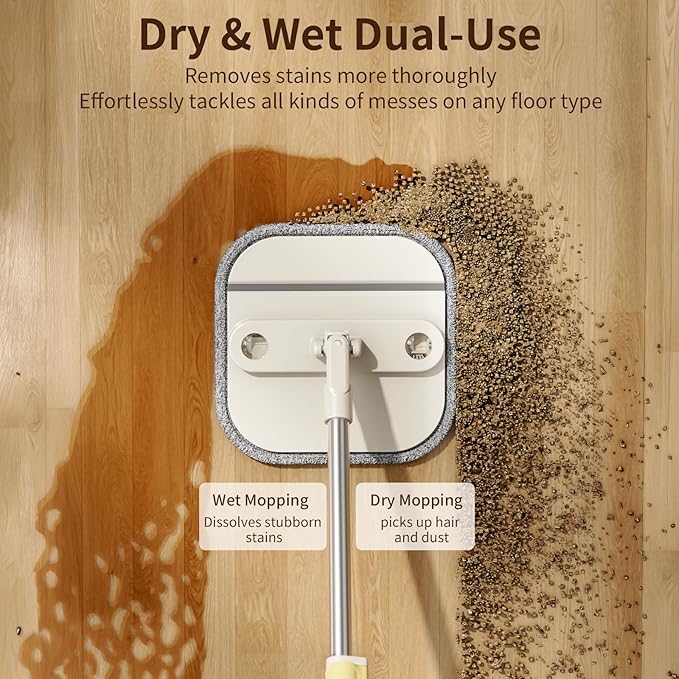 Mrbin Spin Mop for Floor Cleaning and Bucket Set, 2 In 1 Quick Dry Wet Flat Swivel Trapeador Hands Free with Washable Microfiber Pads, Refillable Tank for Hardwood, Laminate, Tile, Vinyl, Cream White