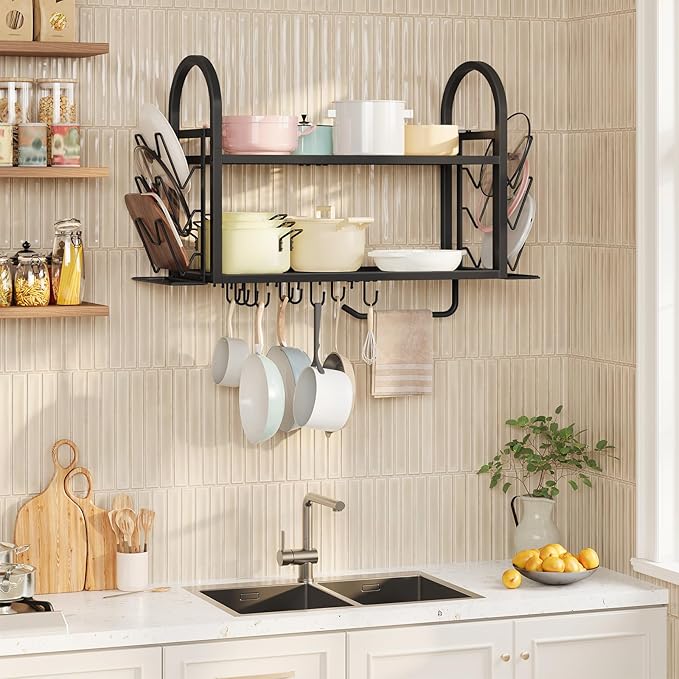 HOOBRO Pot Rack Wall Mounted, 2-Tier Kitchen Pot and Lid Organizer with 6 Lid Holders and 10 Hooks, Wall-Mounted Pot Rack with Towel Bar, for Kitchen Cookware Utensils Storage, Black BB100TL01