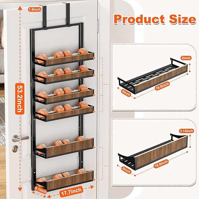 Aquzee Pantry Door Organizer, 6-Tier Over the Door Pantry Organizer, 2 IN 1 Hanging Wall Mount Spice Rack, Adjustable Baskets, Heavy Duty Spice Organization for Cabinet Kitchen Closet