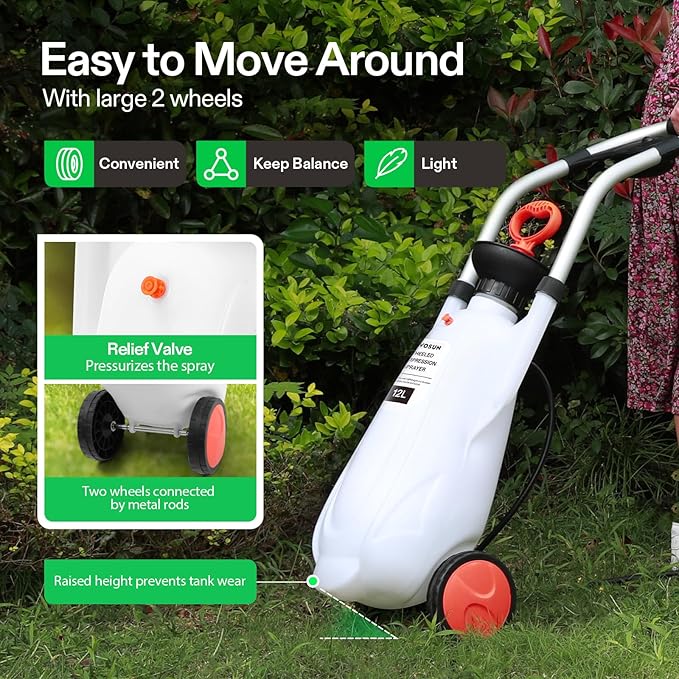 VIVOSUN 3.2 Gallon Lawn and Garden Wheeled Pump Compression Sprayer with Pressure Relief Valve, Labor-Saving Wheel Design