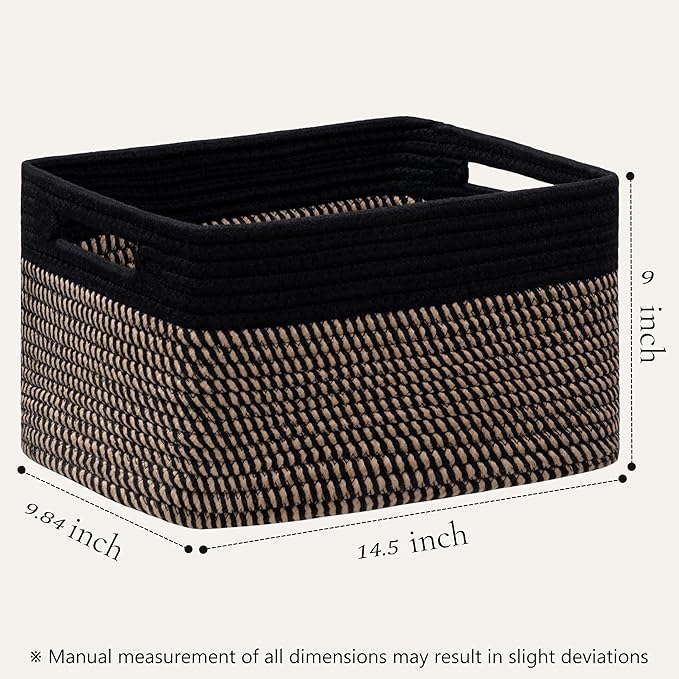 UBBCARE 4 Pack Storage Baskets for Organizing, Shelf Baskets with Handles, Woven Storage Baskets for Bookcase/Cube Shelf/Closet, 14.5"L x 9.8"W x 9"H, Black&Brown