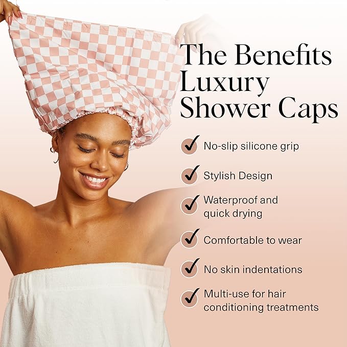 Kitsch Shower & Body Care Bundle – Luxury Reusable Waterproof Shower Cap for Women & Men, Flexi Satin Lined, Adjustable – 2pc Exfoliating Gloves, Deep Skin Scrubber for Smooth, Renewed Skin