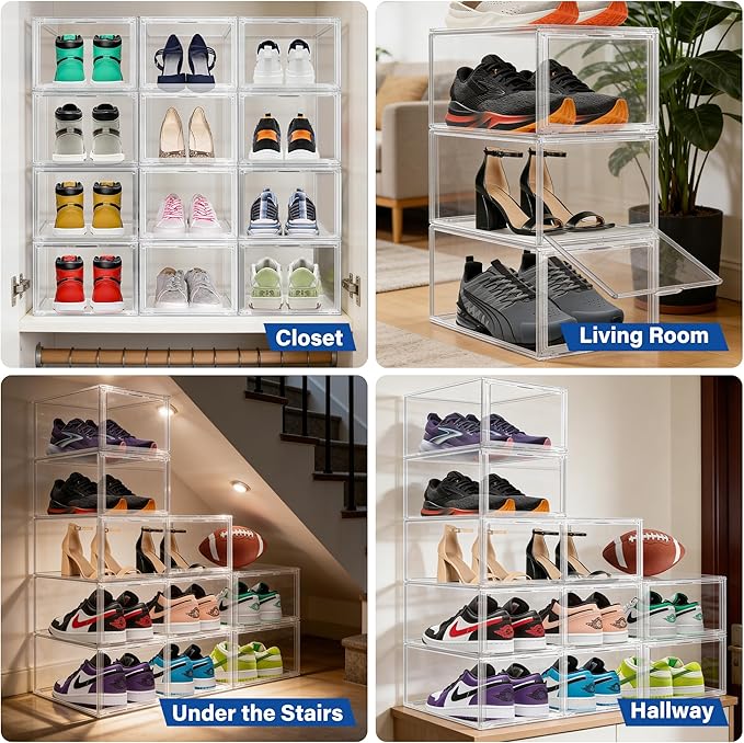 12 Pack Drop Front Shoe Boxes Acrylic Box Sneaker Case Size 12, Transparent Display Cases for Sneaker Collections, Baseball Caps, Hat Organizer Dust-free Shoe Cubbies Stackable Sneaker Boxes