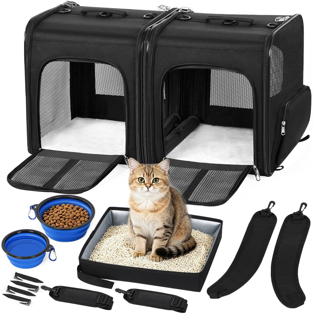 Large Cat Carrier for 2 Cats with Travel Litter Box, 2-in-1 - Image 1