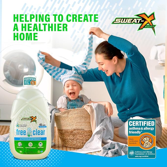 SWEAT X Free & Clear Laundry Detergent Liquid - Organic, Natural Non Toxic Laundry Detergent for Sensitive Skin - Gentle Washing Detergent for Activewear & Performance Fabrics - 45 Loads, 1 Bottle