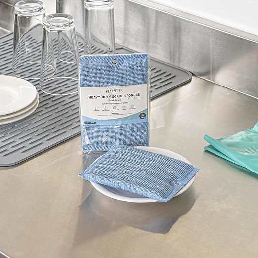 Restaurantware Scouring Pad 3 Count 5.5 x 3.9 Inches Plastic Steel Wool Sponge Metal Scrubber Durable Odor Free Scrubber Multi-Color Blue+Beige+Green Household Cleaning Sponge