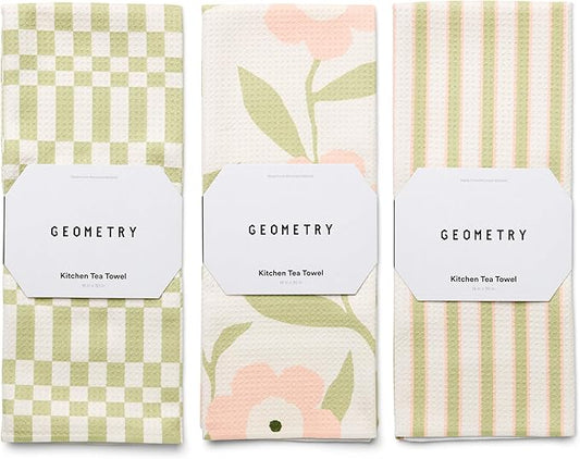 GEOMETRY Tea Towels – Spring & Summer Collection – Quick-Dry, Ultra-Absorbent, Reusable Microfiber Kitchen Towels for Drying & Cleaning - Meadowlight - 3 Pack