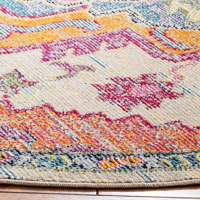 SAFAVIEH Crystal Collection Area Rug - 7' Round, Light Blue & Fuchsia, Medallion Distressed Design, Non-Shedding & Easy Care, Ideal for High Traffic Areas in Living Room, Bedroom (CRS501B)