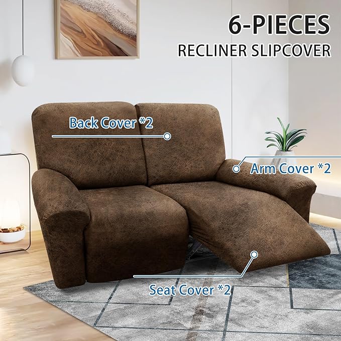 Loveseat Covers 6-Pieces Loveseat Recliner Cover 2 Seater Cover for Reclining Loveseat Cover Leather Look Recliner Slipcovers with Pockets Spandex Furniture Covers(Recliner Loveseat, Brown)