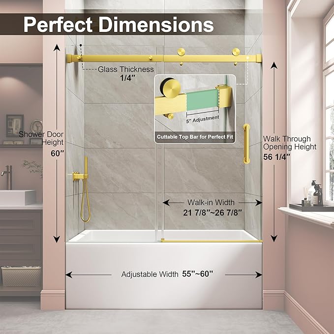 Frameless Bathtub Shower Door, Tub Sliding Door with Nano Coating & Safety Film, 1/4" (6mm) SGCC Tempered Glass，Adjustable 55"-60" W x 60" H, Brushed Gold