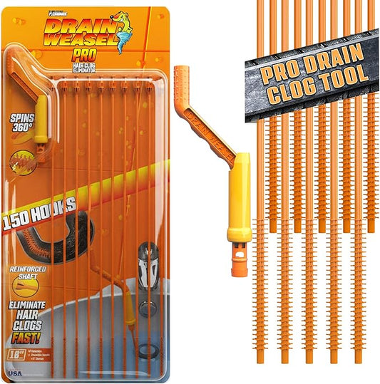 FlexiSnake Pro Drain Weasel Sink Snake Hair Clog Remover Tool, Sink, Pipe, Bathroom, Bathtub Drain Cleaner, 18-inch Long, Flexible, Made in The USA, 10 Pack Reusable Wands and Removable Handle