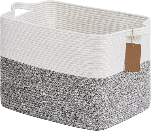 Goodpick Woven Storage Basket, Cotton Rope Baskets with Handles, Toy Baskets Storage Kids, Blanket Basket for Living Room, Bedroom, Gray and White, 18 x 14 x 12 Inches