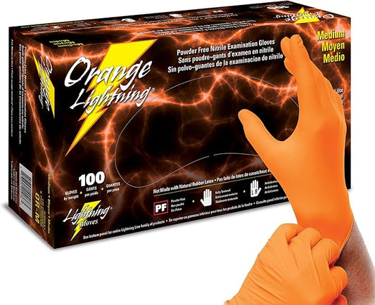 Atlantic Safety Products Orange Lightning Exam Gloves, Disposable, Powder-Free Nitrile Gloves, Orange, Medium, 100-Ct