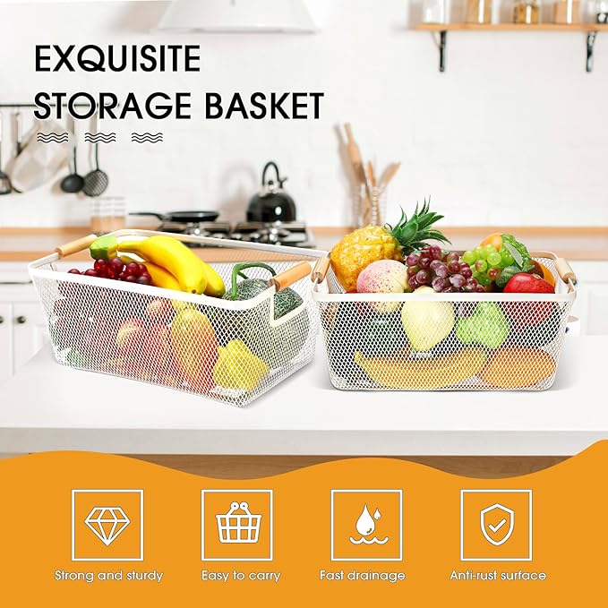 4 Pcs Metal Wire Basket with Wooden Handles Mesh Steel Storage Organizer Bin Containers for Home Organizing Cabinet Pantry Closet Kitchen Fridge Fruit Makeup Snacks Gifts(Large,Cream White)