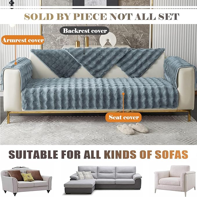 Soft Warm Faux Fur Couch Sofa Cover Thick Shaggy Fuzzy Sectional Couch Cover Non-Slip Solid Color Plush Sofa Slipcover Furniture Protector for Kids, Pets (Grey Black,36"x70")