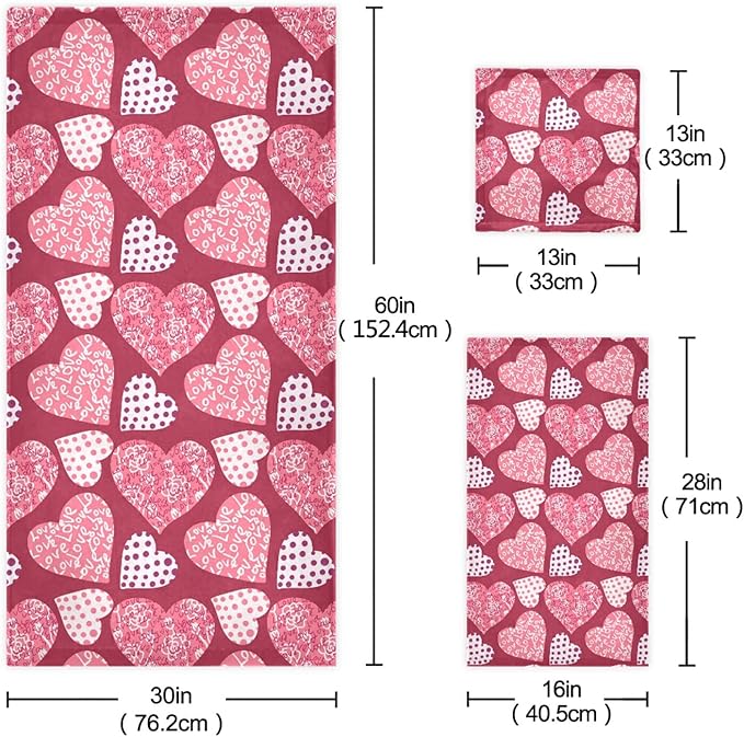 Pfrewn Pink Plaid Hearts Towels Set of 3 Romantic Love Dot Spring Bathroom Towel Soft Absorbent Bath Hand Towels Washcloth Guest Towel Sets Mother's ValentineDecorations
