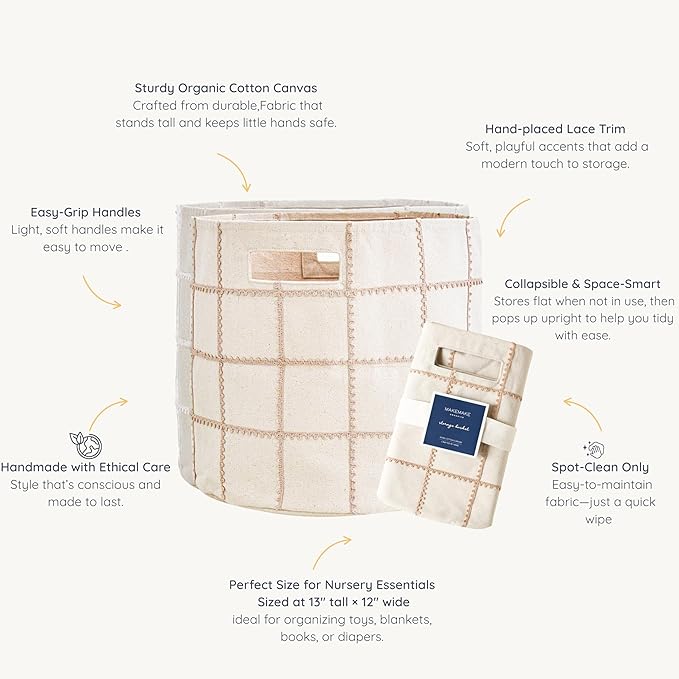 MakeMake Organics Storage Bins for Kids Nursery Bin Organizer (13"x12") Laundry Basket for Closet, Decorative Floor Storage Basket Canvas Fabric Storage Basket (Mesh - Pecan)