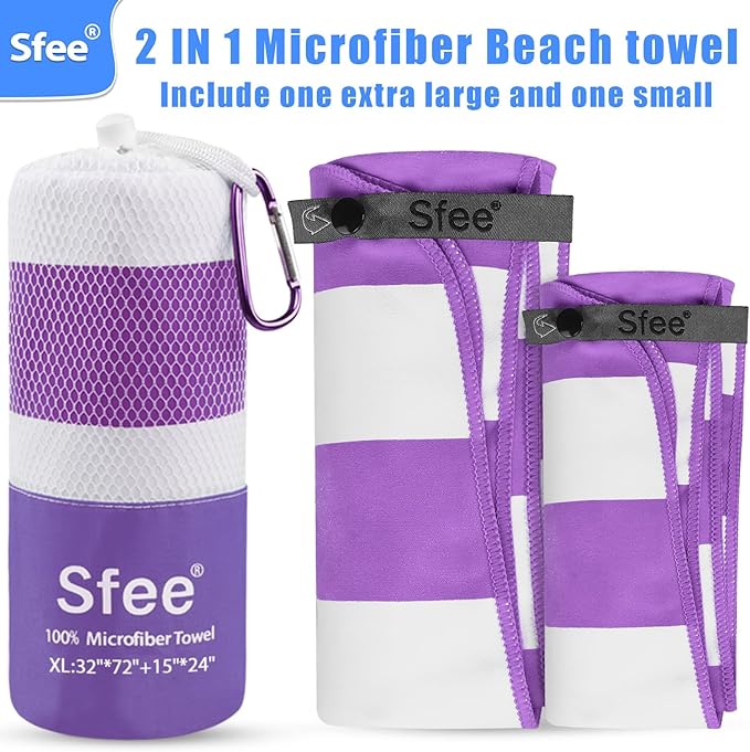 Sfee 2 in 1 Microfiber Oversized Beach Towel, Quick Dry Travel Towel Camping Towel Super Absorbent Compact Lightweight Sports Gym Towel for Beach,Gym, Hiking, Pool, Backpacking, Bath, Yoga