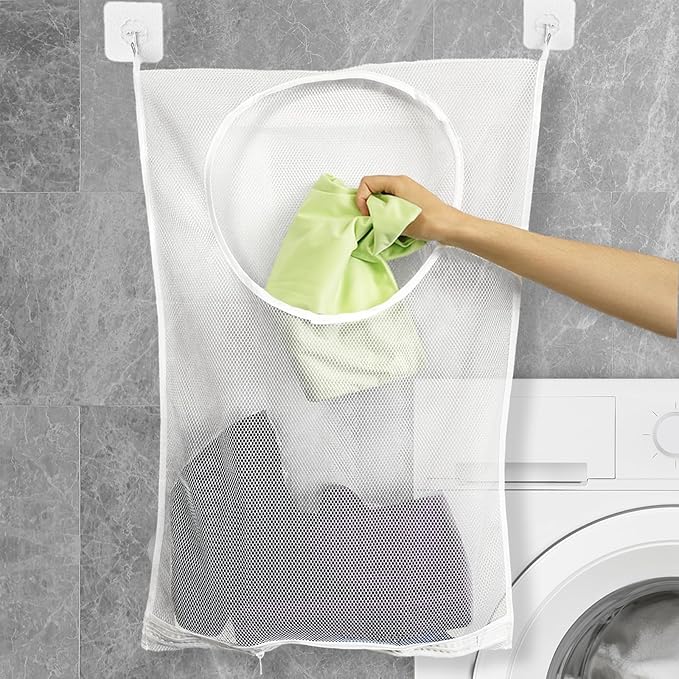 Foldable Wall Hanging Laundry Bag, Large Portable Bag for Dirty Clothes Organization, 30x20 Inch White Polyester, Ideal for Bathroom Storage & Dorm Room Organizer, with 2 Adhesive Hooks (1 Pack)