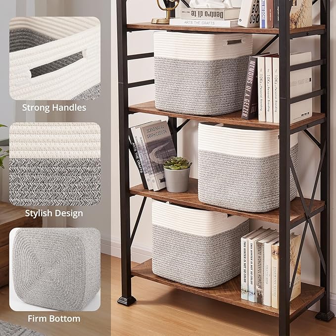 OIAHOMY 13 Kallax Inch Cube Storage Bins, 3-Pack Cotton Rope Woven Baskets for Organizing, Kallax Insert Storage Baskets for Shelves, Baby Nursery, Closet Organizer, 13 * 13 * 12.6IN, Grey & White
