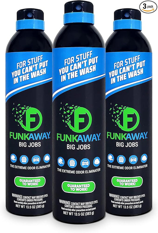 FunkAway Big Jobs Aerosol Spray, 13.5 oz., 3 Pack, Extreme Odor Eliminator Spray, Ideal for Shoe Smells, Pet Odors and Large Stuff that Won't Fit in the Wash; Attacks Musty Odors at the Source