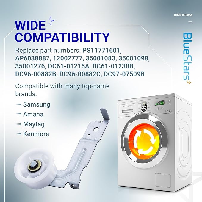 [Upgraded Dual Ball Bearings] BlueStars DC93-00634A Dryer Idler Pulley with Sturdy Clip – Compatible with Samsung Dryers - Replaces DC96-00882B DC96-00882C AP4373659 PS11771601-2 Packs