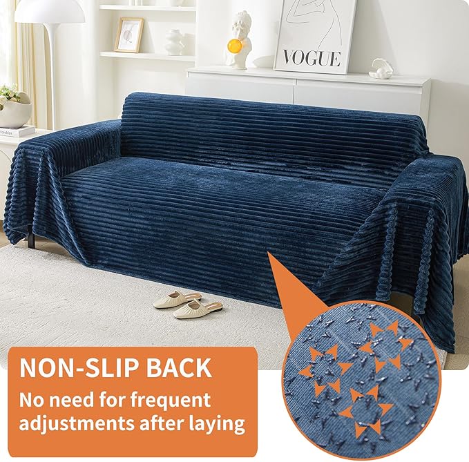 HAOMAIJIA Faux Fur Sofa Covers Couch Covers for 3 Cushion Couch Sofa Pet Friendly Soft Non Slip Couch Cover for Dogs Washable Sectional Couch Covers L Shape Furniture Protector (Navy Blue, 91"x134")