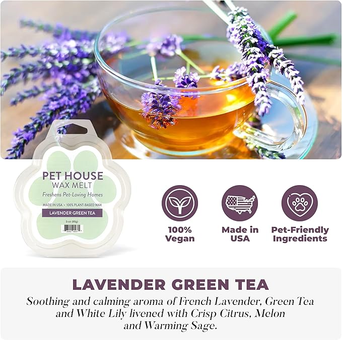 Pet House Lavender Green Tea, Scented Wax Melts - Long-Lasting Plant Based Soy Wax Melts Pet Friendly Pack of 4