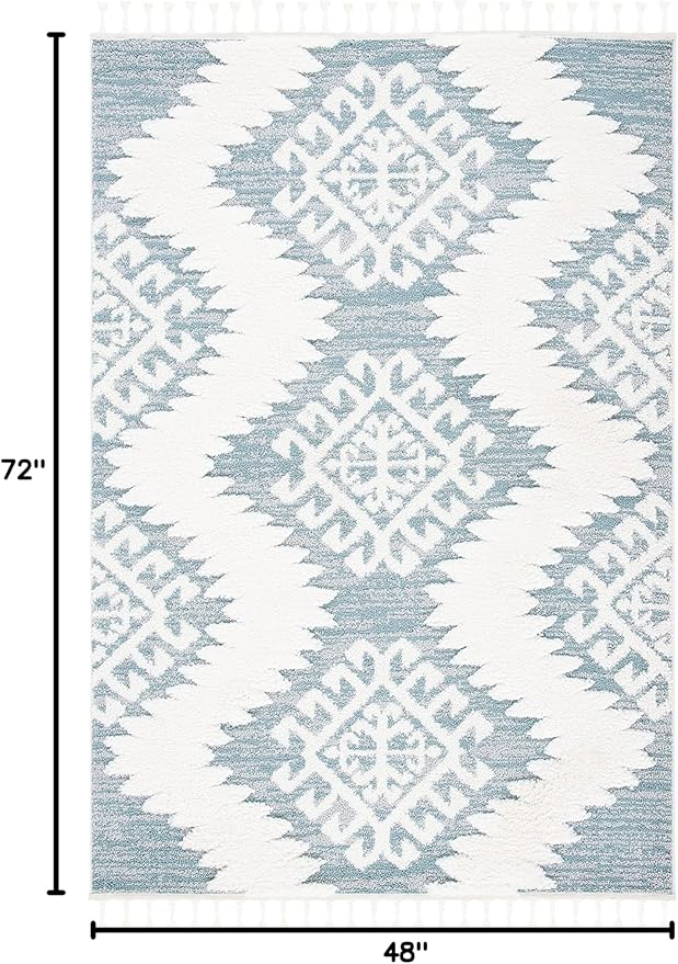 SAFAVIEH Moroccan Tassel Shag Collection Accent Rug - 4' x 6', Teal & Ivory, Non-Shedding & Easy Care, 2-inch Thick Ideal for High Traffic Areas in Entryway, Living Room, Bedroom (MTS652K)