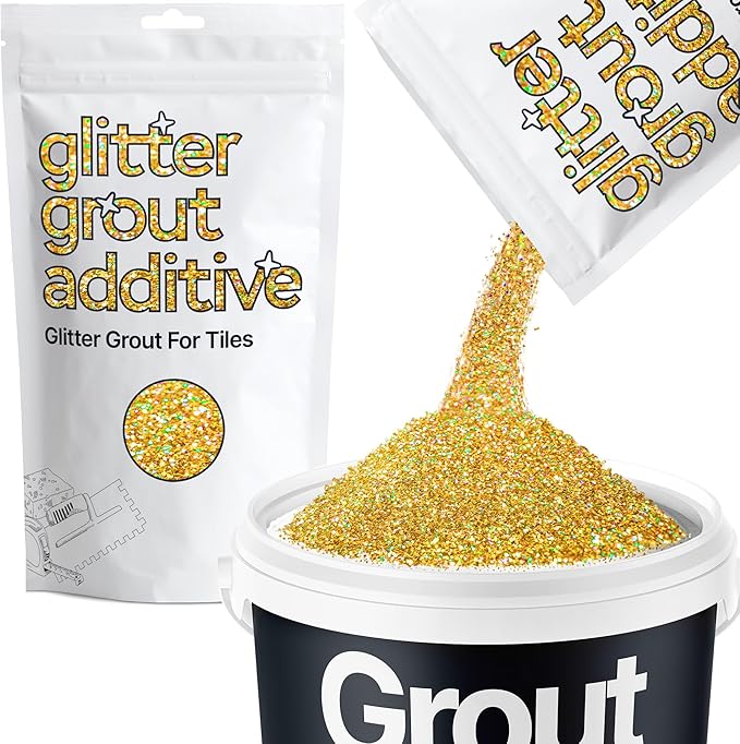 Hemway Glitter Grout Additive add Sparkle to Mosaic Tiles, Bathrooms, Wet Rooms, Kitchens, Tiled Based Rooms and Cement Based Grouts 100g / 3.5oz - Gold Holographic
