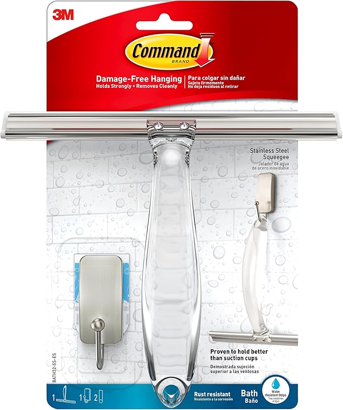 Command Bath Shower Small Water-Resistant Adhesive, Satin Nickel, 1 lb Capacity, 1 Squeegee & Large Wall Hooks, Damage Free Hanging Wall Hooks with Adhesive Strips, No Tools Double Wall Hooks