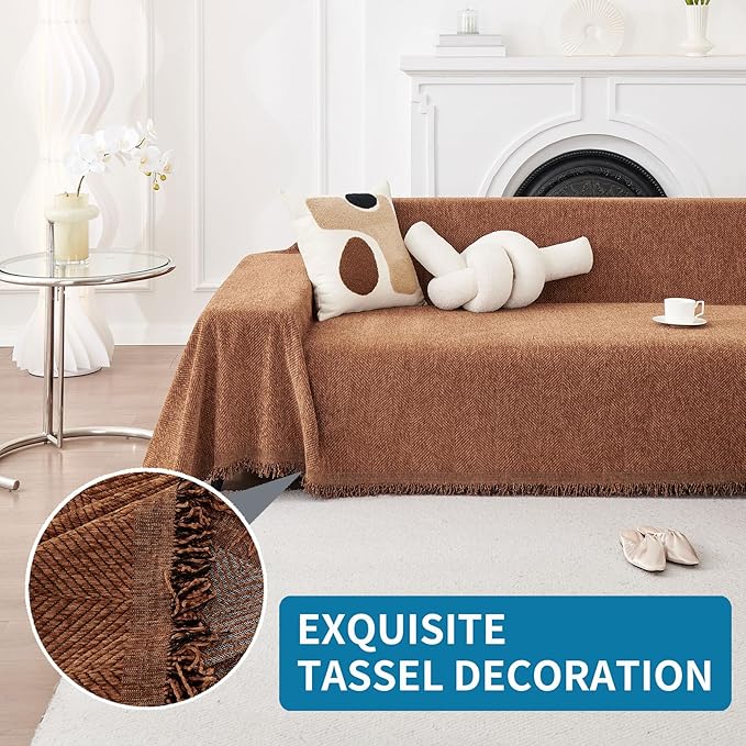 HAOMAIJIA Chenille Couch Cover Sofa Covers for 3 Cushion Couch Washable sectional Couch Covers for Dogs pet Furniture Protector Couch Cover Blanket for Living Room (Brown, 71"x150")