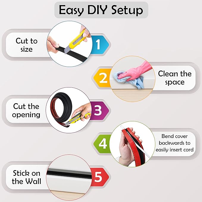 Rubber Bond TV Cord Hider Cable Protector - Strong Self Adhesive Wall Cord Cover Cable Hider - Low Profile Cable Management Wall Cord Concealer Cable Raceway