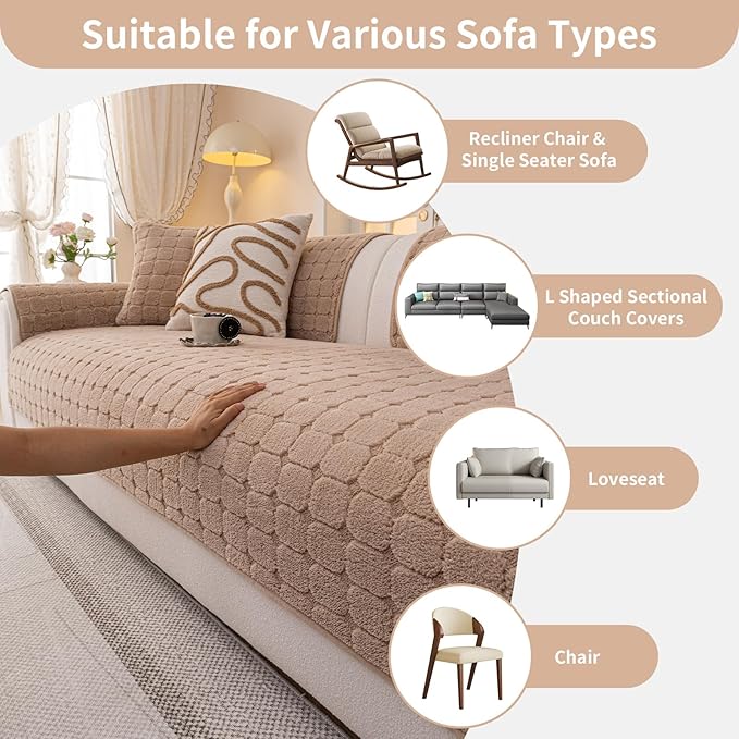Velvet Sofa Covers Washable, Plush Warm Couch Cover for Loveseat, Funny Fuzzy Couch Covers for Pets&Kids, Non-Slip Sectional Sofa Cover(1PC, Khaki, 35.4"×47.2", Loveseat)