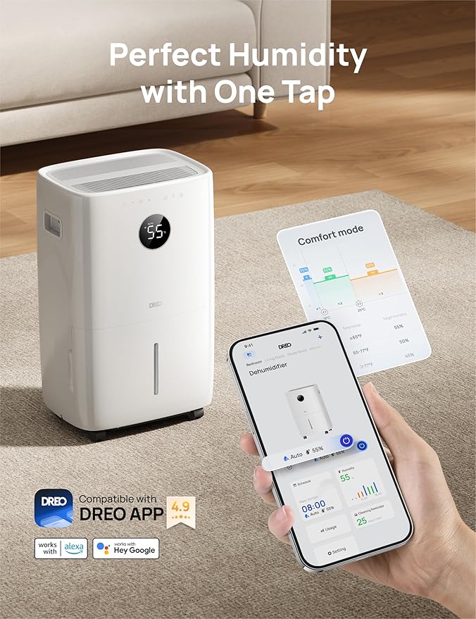DREO 110-Pint Smart Dehumidifier for Basement, 4500 Ft² for Large Room, 2 Gallon Water Tank, Auto/Comfort/Constant Mode Dehumidifiers for Home, Bedroom, Bathroom, with Drain Hose, White, 711S