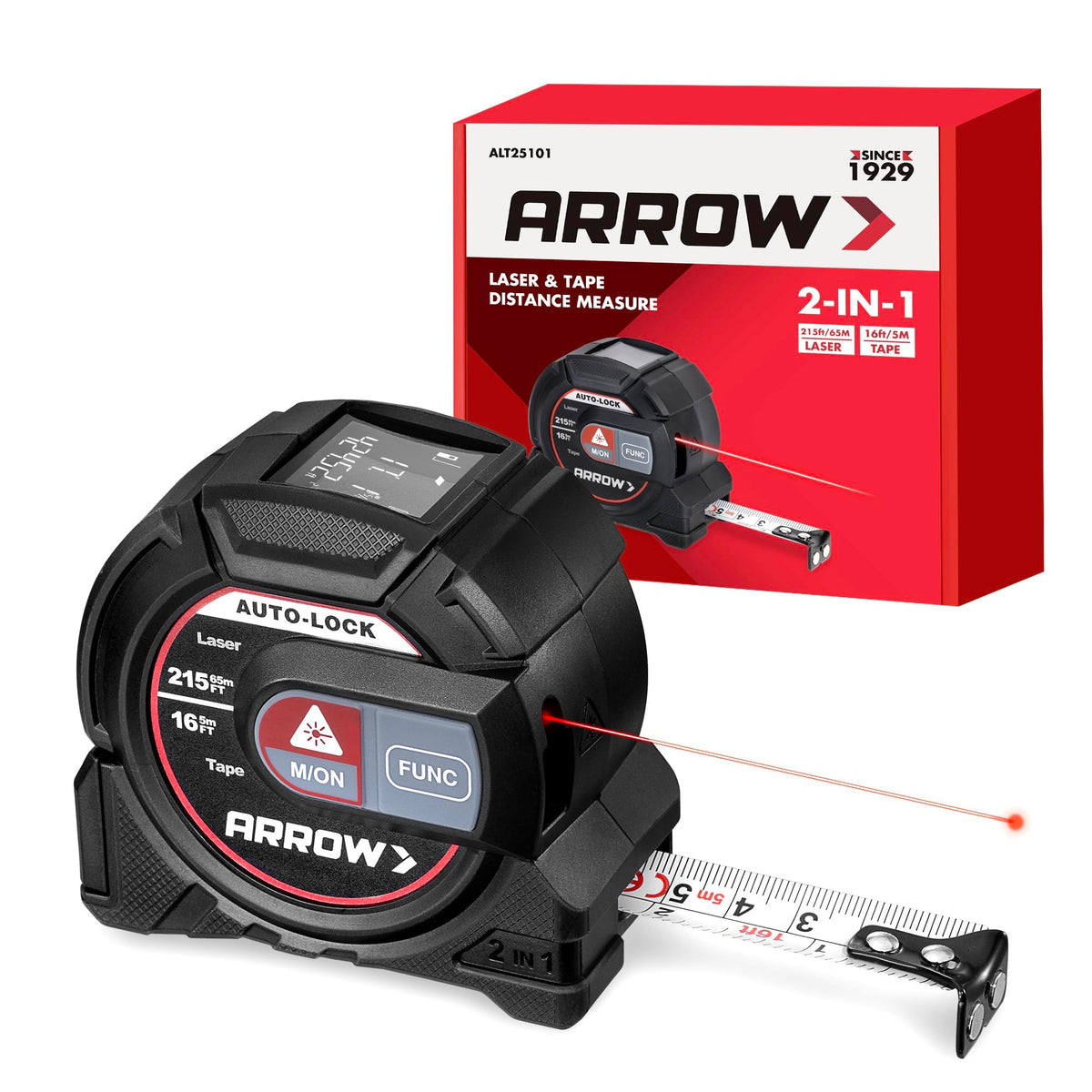 Arrow 2-in-1 Laser Tape Measure, 215Ft/65m Laser Distance - Image 1