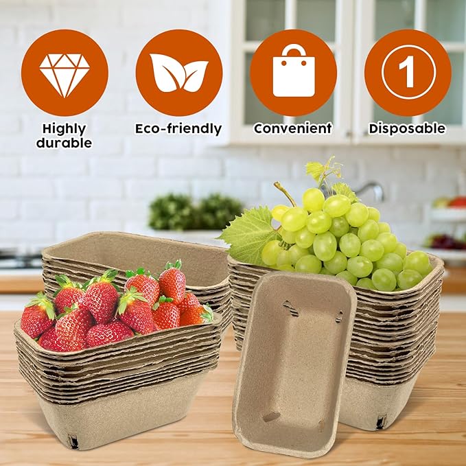 50 Pcs Natural Pulp Fiber Berry Basket, Molded Berry Basket Produce Vented Container for Strawberry Blueberry Raspberry and Vegetable Small Farmer Market Grocery Stores, Backyard Party 7.3x4.3x2.8inch