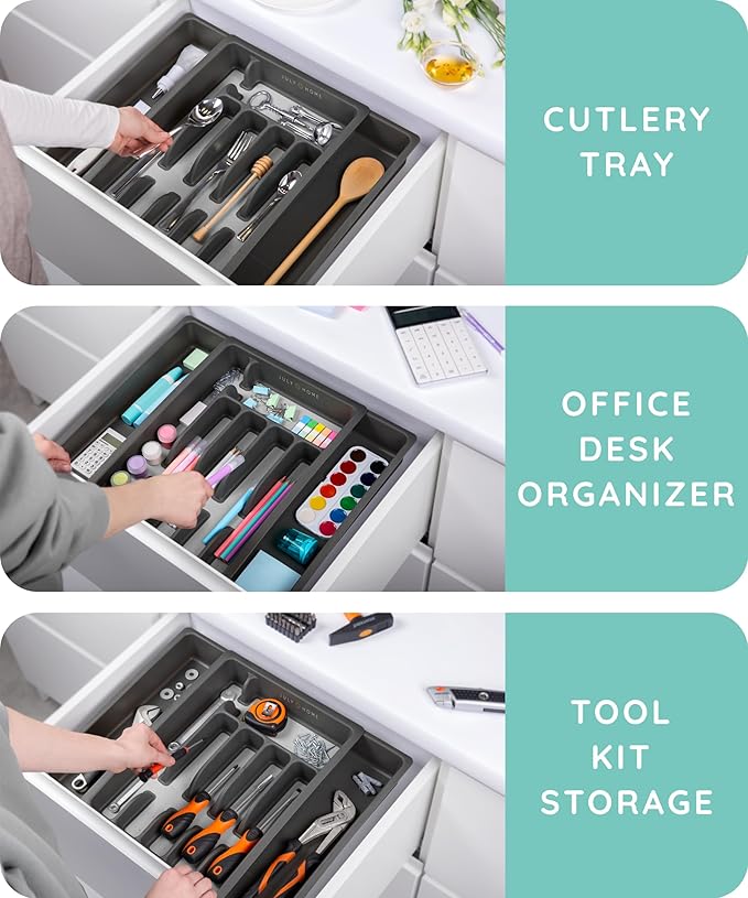 JULY HOME Expandable Kitchen Drawer Organizer - Plastic Flatware Utensil Holder Cutlery Tray Multipurpose Organizer,Tip-Out Trays