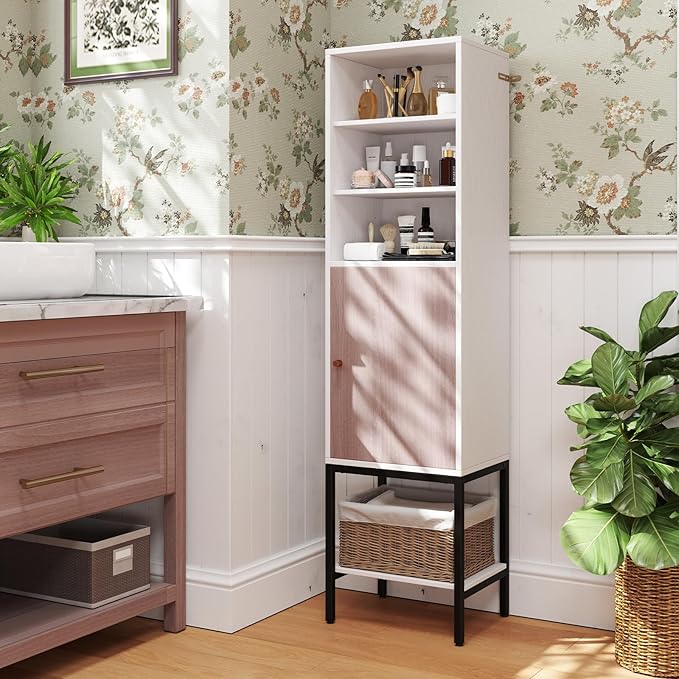 Giantex 57” Tall Bathroom Storage Cabinet, Floor Cabinet with Door, Adjustable Shelves & Foot Pads, Metal Legs, Anti-Tipping Kit, Slim Bathroom Storage Unit for Living Room, Kitchen (White)