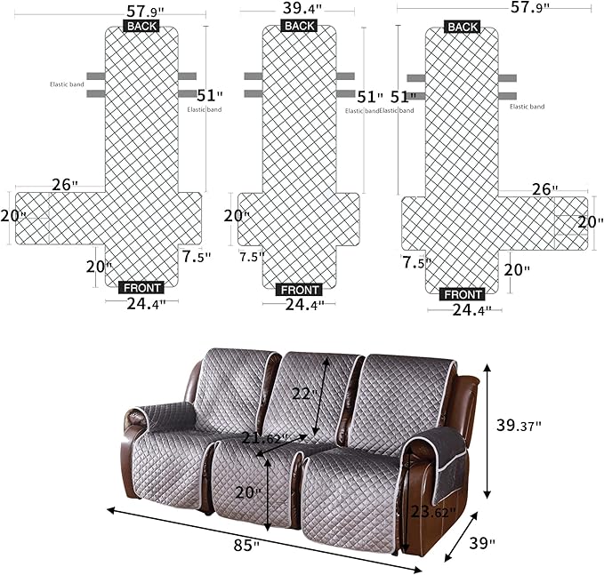 LUFEIJIASHI Non Slip Recliner Couch Covers for 3 Cushion Couch Sofa Reclining, Waterproof Recliner Sofa Covers 3 Seat, Velvet Reclining Couch Covers for Furniture Protector for Dogs Pets Dark Grey