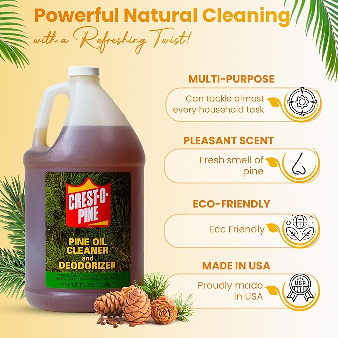 Crest-O-Pine Real Pine Oil Cleaner Concentrate Deodorizer, Multi-Purpose All-Purpose Household Cleaner for Floors, Kitchen, Bathroom, Laundry, Grease & Odor Removal (1, 128 fl oz)