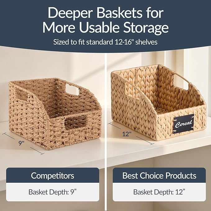 Best Choice Products Natural Hyacinth Angled Pantry Storage Baskets, Large Woven Wicker Storage Bins w/Handles, Storage Container Baskets for Shelves, Chalkboard Label & Marker (Set of 3) - Natural