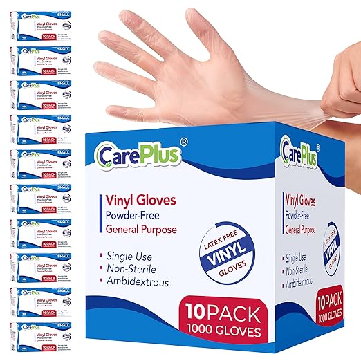 CARE PLUS Vinyl Gloves Clear Large Size 1000 Count | Heavy Duty, Non-Sterile, Powder-Free, Latex-Free Rubber | Food Prep, Kitchen & Cleaning Gloves, Ideal for Professional Use