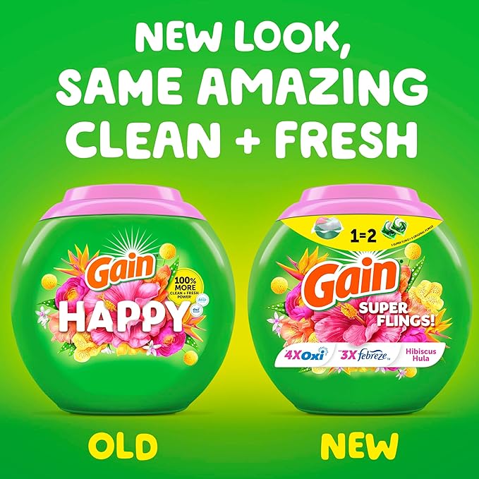 Gain Super Flings Laundry Detergent Pacs, 45 Count, Hibiscus Hula scent, irresistibly clean and fresh washing detergent laundry soap pacs