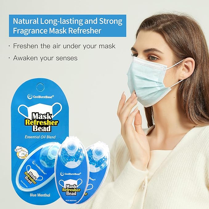 Menthol Beads for Face Mask Refresher, Long-Lasting & Strong Refreshing Fragrance, with Natural Essential Oils from Herbs and Plants (100 beads/pack), Pack of 4, Blue Menthol