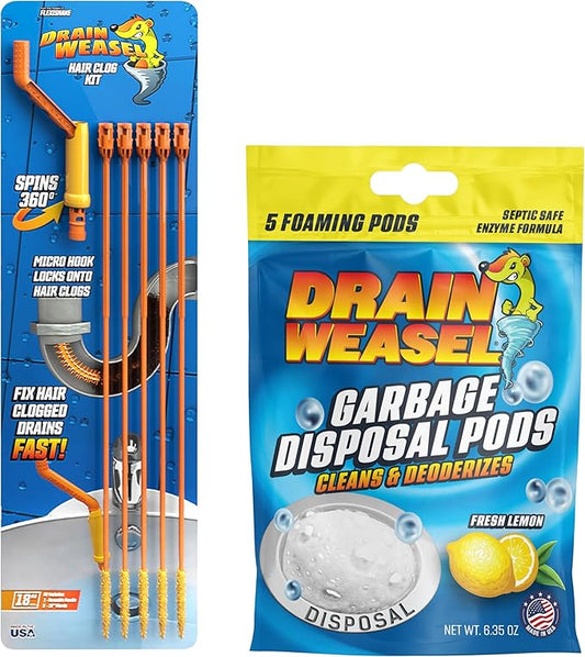 FlexiSnake Drain Weasel Sink Snake Hair Clog Remover Tool and Disposal Pods Cleaner/Deodorizer. Includes 5 Wands, Removable Handle and Pack of 5 Fresh Lemon Scent Pods