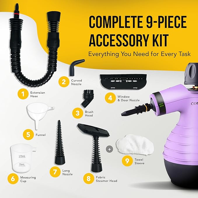 Comforday Multi-Purpose Handheld Pressurized Steam Cleaner with 9-Piece Accessories, Handheld Steamer Perfect for Stain Removal, Curtains, Car Seats, Floor, Bathroom, Window Cleaning (Purple)